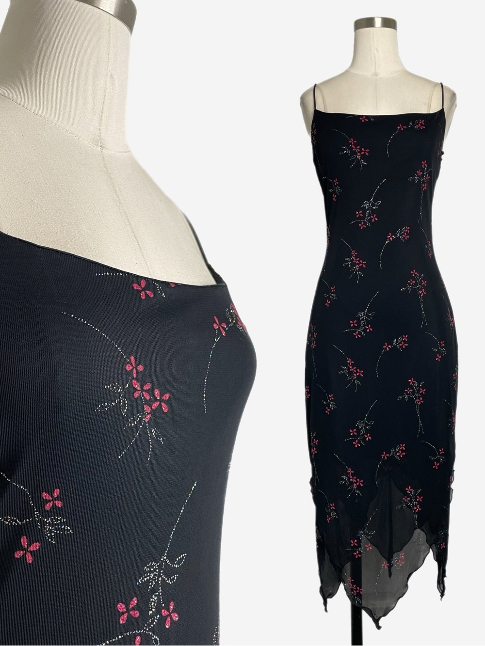 Vintage Y2K Byer Too! Black glitter floral asymmetric slip dress whimsigoth XS